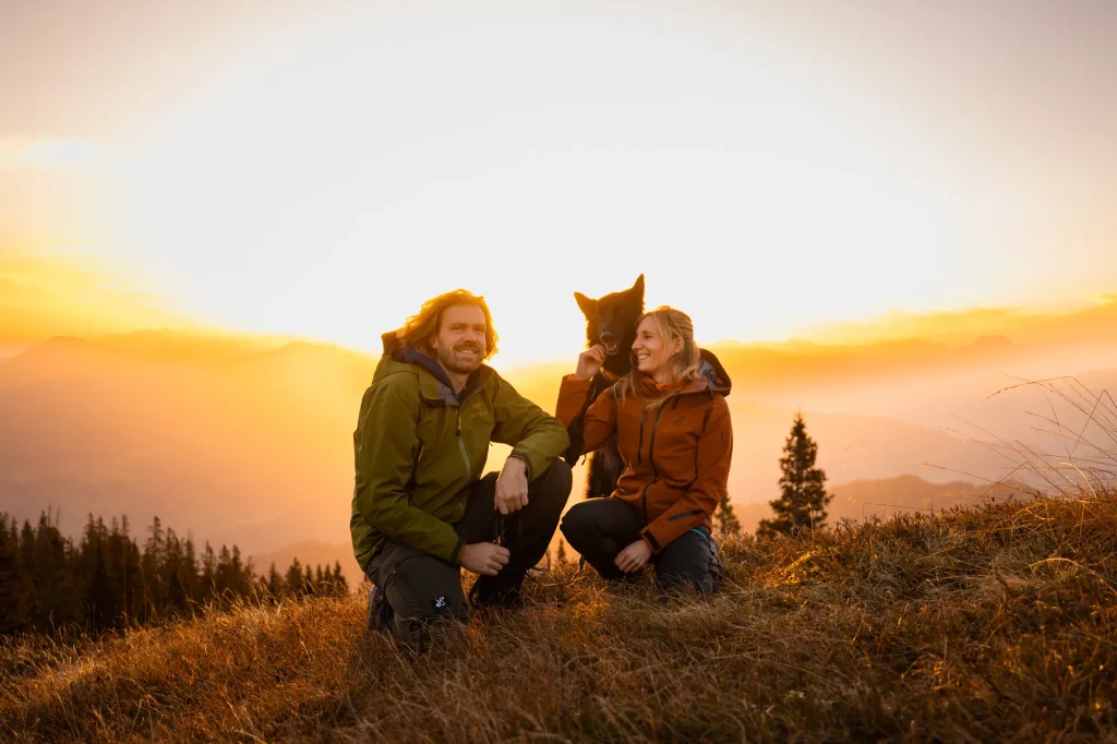 Sehr schöner Sonnenaufgang am Hochkeil. Fotoshooting mit Mensch und Hund