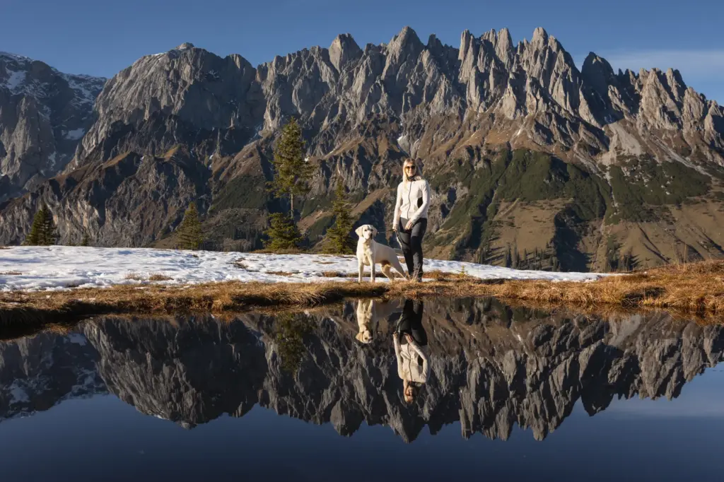 Wundervolles Bild von Mensch und Hund bei Sonnenuntergangswanderung am Spiegelsee am Hochkeil