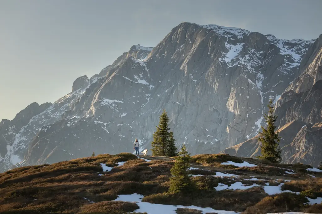 Traumhaftes Bild von Mensch mit Hund bei Sonnenuntergangswanderung zum Hochkeil mit Felswände im Hintergrund