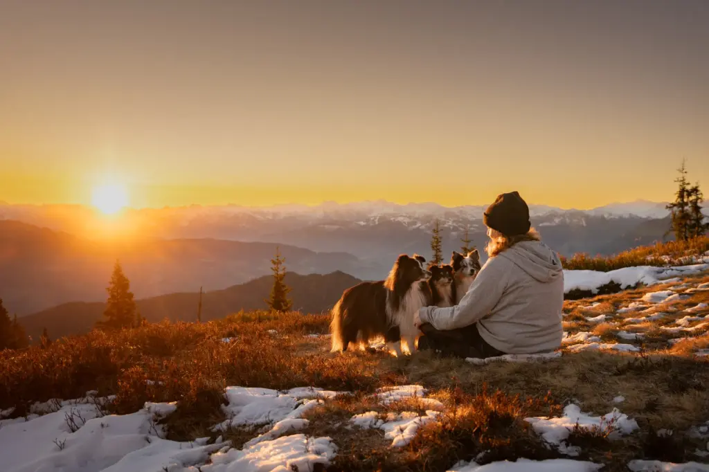 Fotowanderung zum Sonnenaufgang am Hochkeil. Warme Sonnenstrahlen bringen Mensch und Hund zum Leuchten