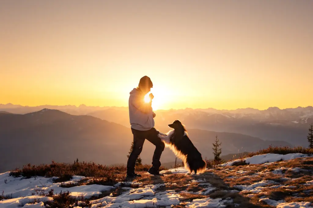 Am Gipfel des Hochkeils bei Sonnenaufgangsfotowanderung Mensch mit Hund