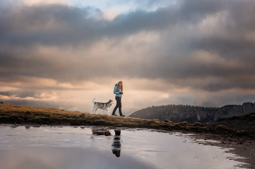 Sehr schönes Bild von Mensch und Hund bei Sonnenaufgang Fotoshooting in den Dolomiten