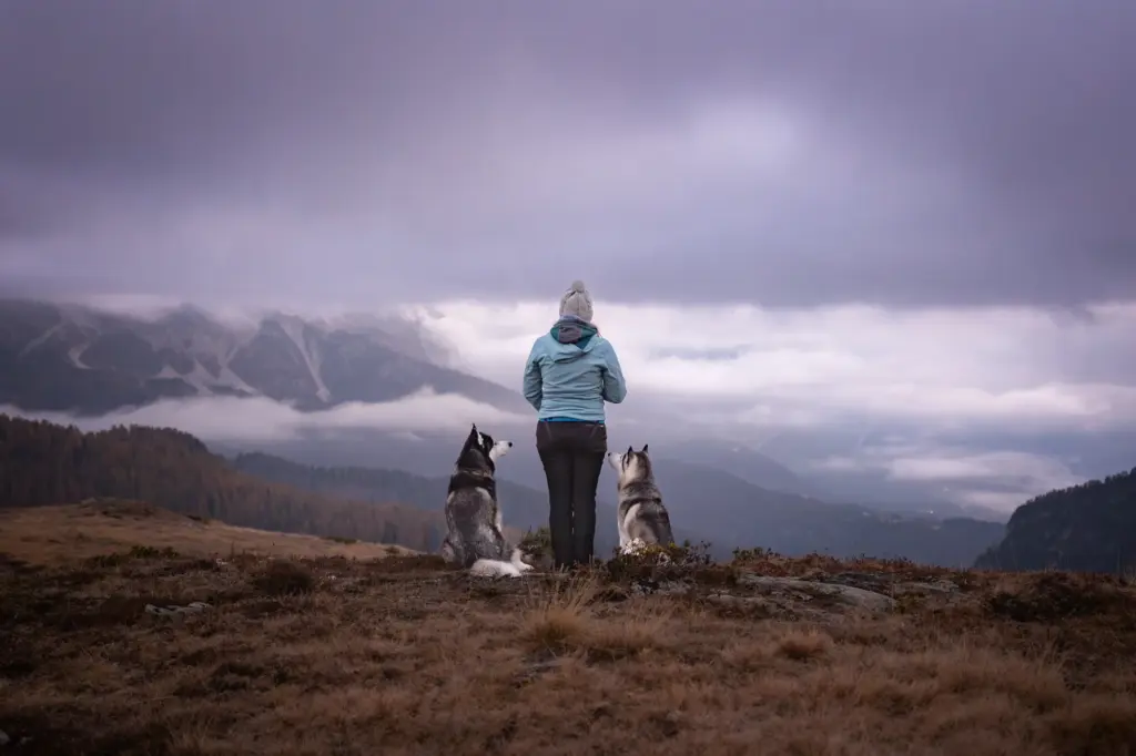 Beeindruckendes Bild von Frau mit zwei Huskys bei Fotoshooting am Passo Giau